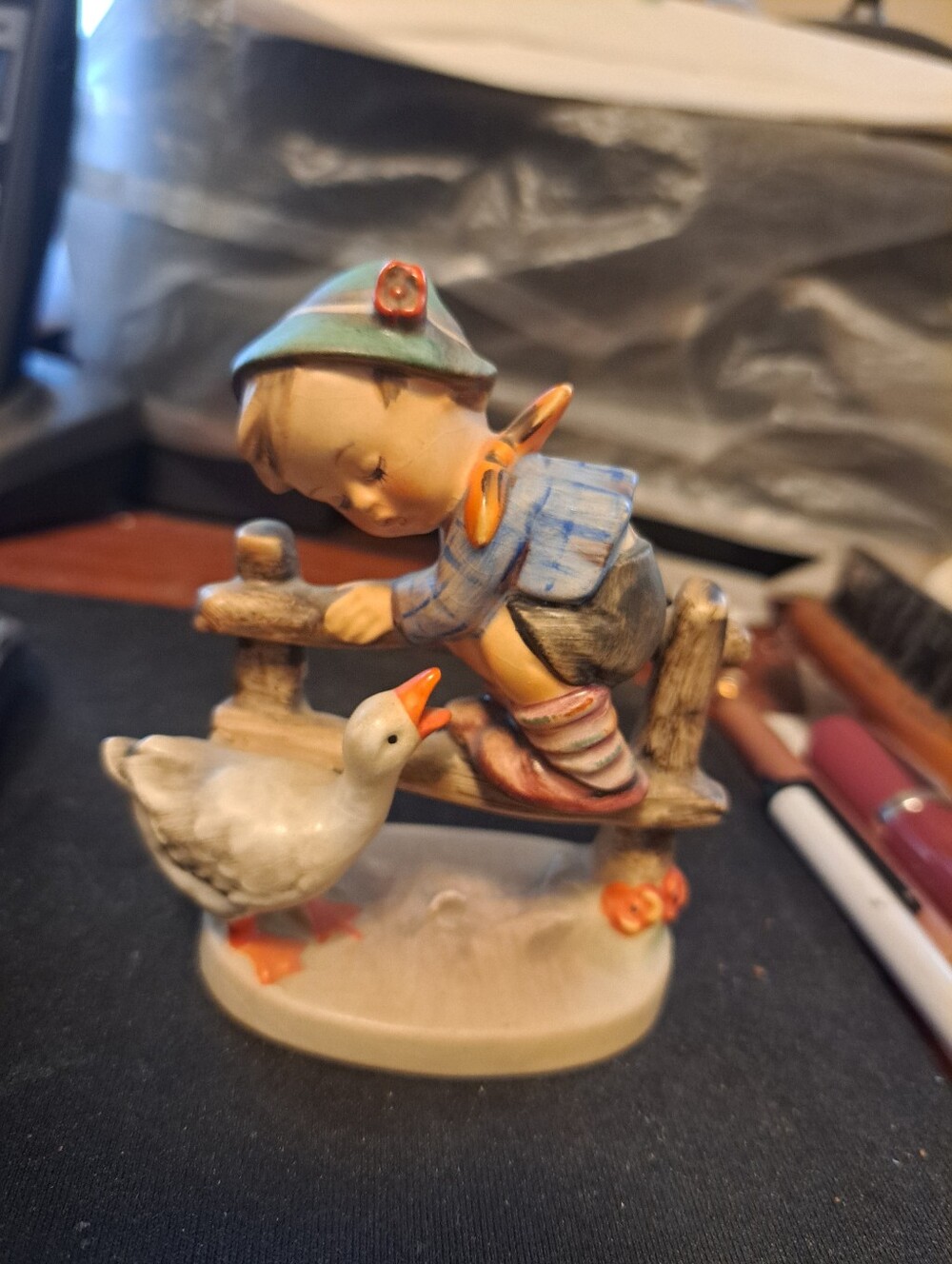 Goebel Hummel TMK 2 Barnyard Hero Figurine Boy On Fence W Goose 195 2/0
